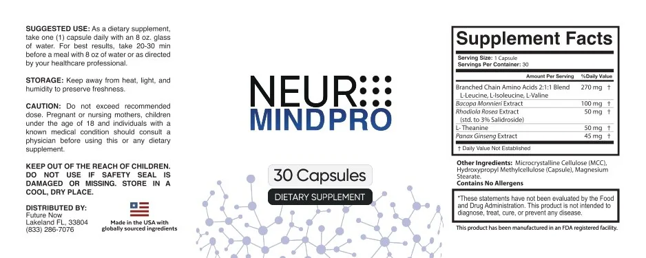 The Neuro Mind Pro label wrap: suggested use, storage, caution and distributor text on the left, the name and 30 Capsules in the middle, Supplement Facts and other ingredients on the right