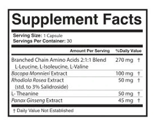 The Neuro Mind Pro Supplement Facts panel: serving size 1 capsule, 30 servings, five lines with amounts in mg, Daily Value not established